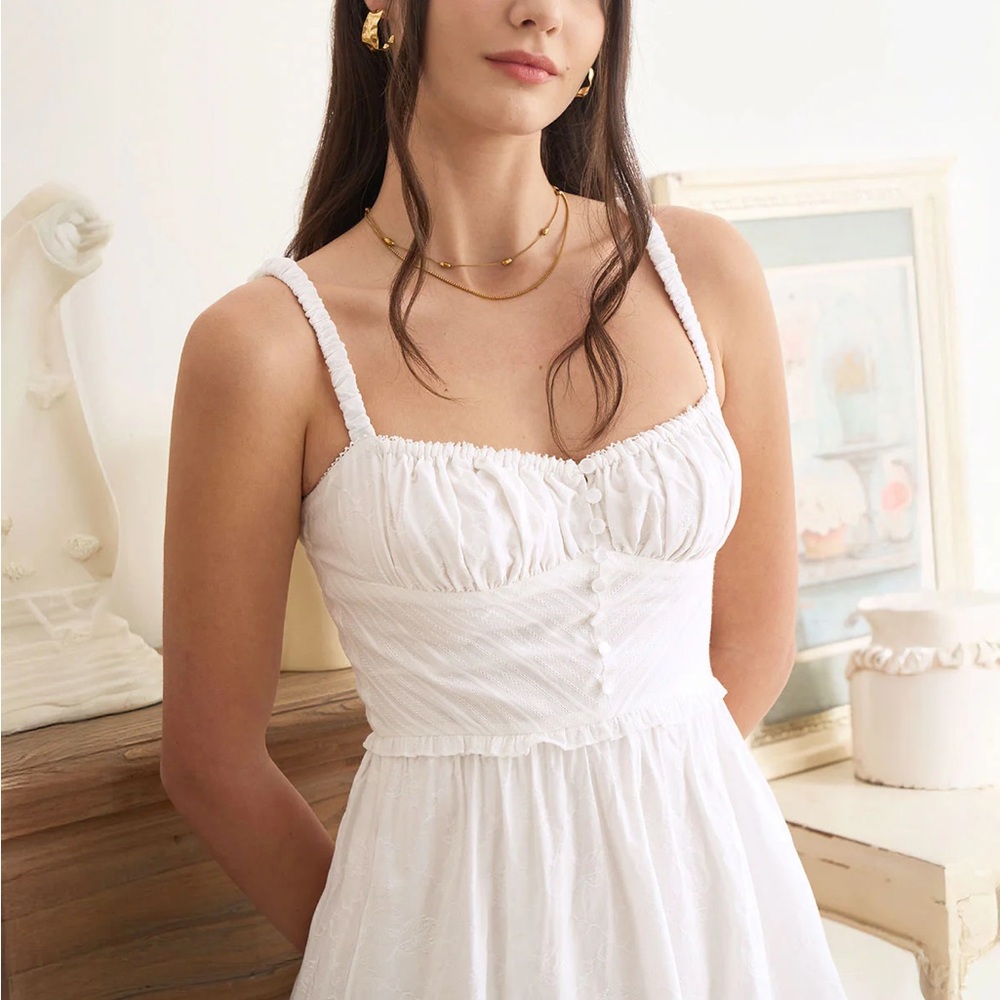 Rihoas White Ruched Slip Cotton Midi Dress - Picture 2 of 9